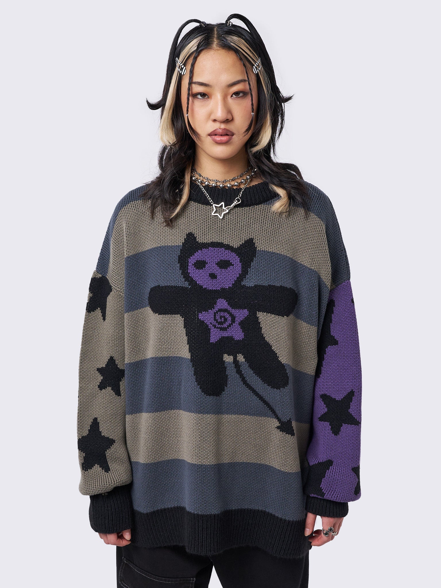 Black Oversized Sweater with Alien Swirl Eyes Graphic - Quirky Y2K