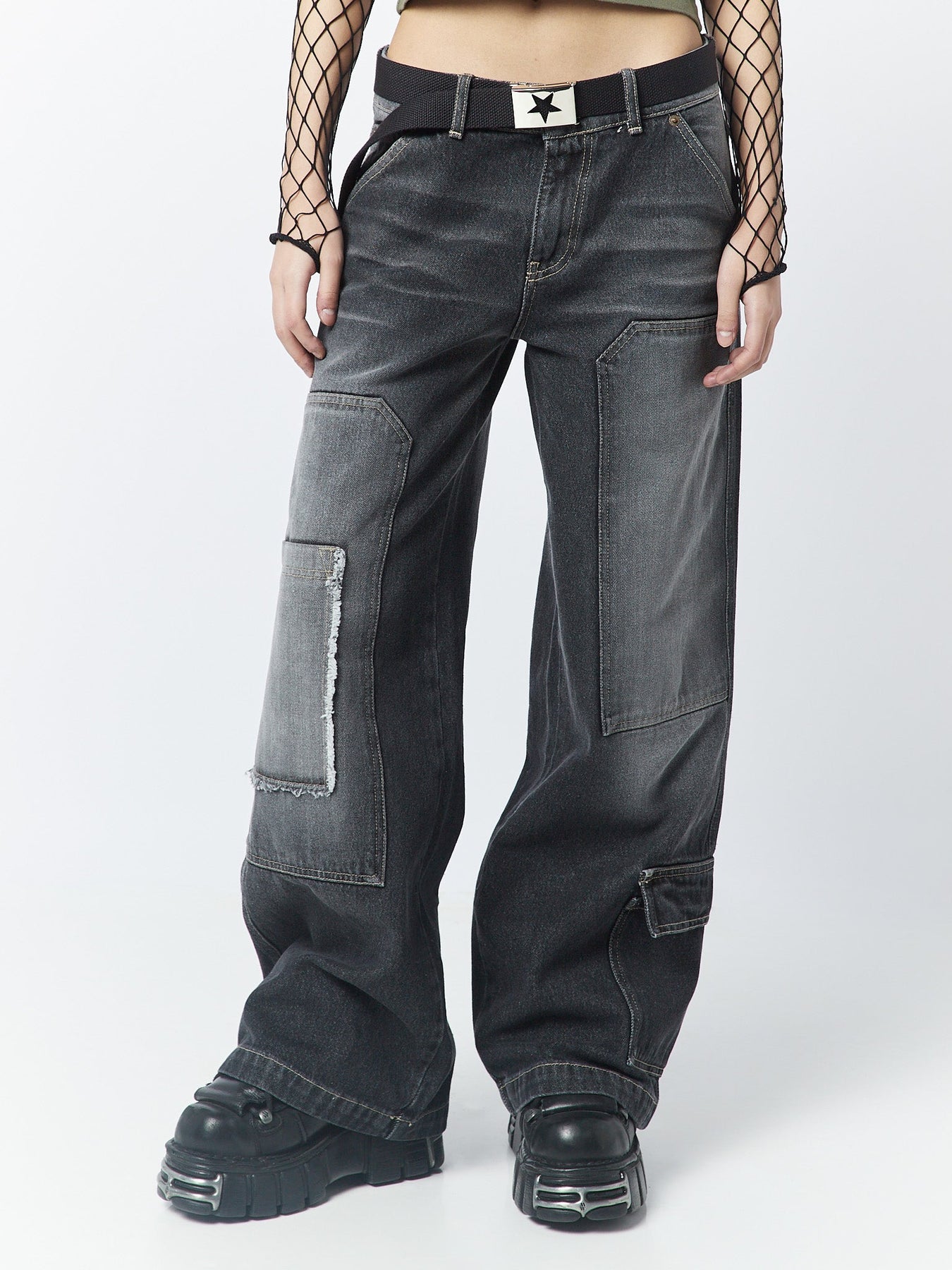 Track Black Multi Pocket Overdye Cargo Jeans | Minga US