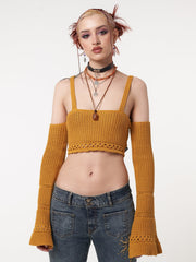 Ariel Golden Yellow Knitted Flare Crop Top - Minga  US