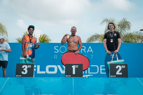 jon wavemaker places 3rd place in flowtour bodyboard event, wearing thank the wavemaker og logo recycled ecofrinedly hat. at solara resort orlando florida, flowrider flowtour