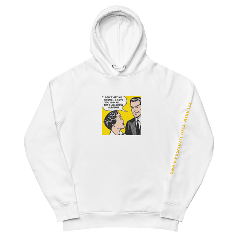 i love you but im going surfing hoodie. Old school comic vibes printed on the center chest, with the brand name thank the wavemaker on the left sleeve. ecofriendly recycled vegan hoodie. 