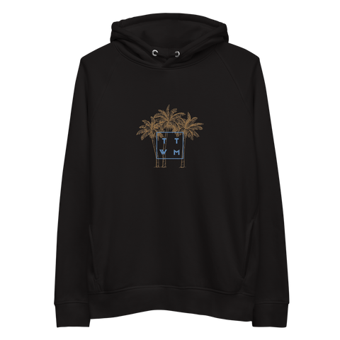 our first embroidered hoodie. thank the wavemaker recycled and ecofriendly and vegan hoodie,. great for any occasion especially keeping warm this winter season. embroidered palm trees with the initials ttwm  on the center chest 