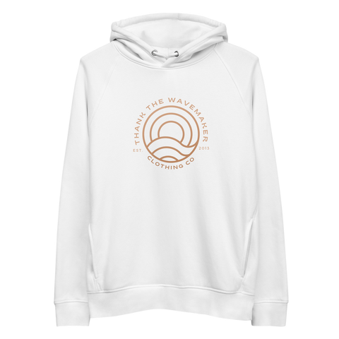 thank the wavemaker clothing co screen print ecofriendly recycled vegan hoodie. ,surf brand keep you warm in all weather comes in white and black . 