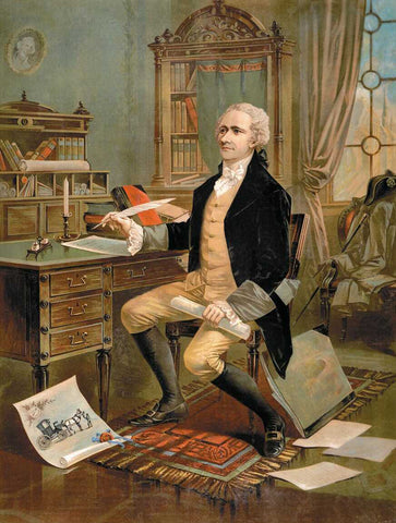 Portrait of Alexander Hamilton authoring the first draft of the U.S. Constitution in 1787.