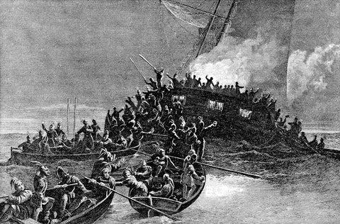 An engraving depicting Rhode Island colonists burning the HMS Gaspee