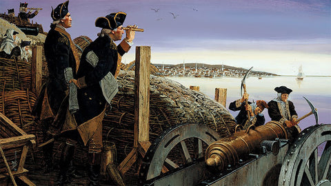 General George Washington overlooking Boston Harbor from Dorchester Heights during the Seige of Boston.