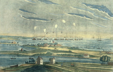 Artist rendering of the British bombardment of Fort McHenry, which inspired Francis Scott Key to write what became known as the "Star Spangled Banner."