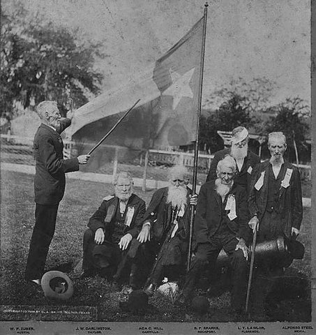 Photograph of the Army of the Republic of Texas Veteran Reunion on April 21, 1906. From left-to-right are William P. Zuber, John W. Darlington, Aca C. Hill, Stephen F. Sparks, L. T. Lawlor, and Alfonso Steele, who all participated in the Battle of San Jacinto.