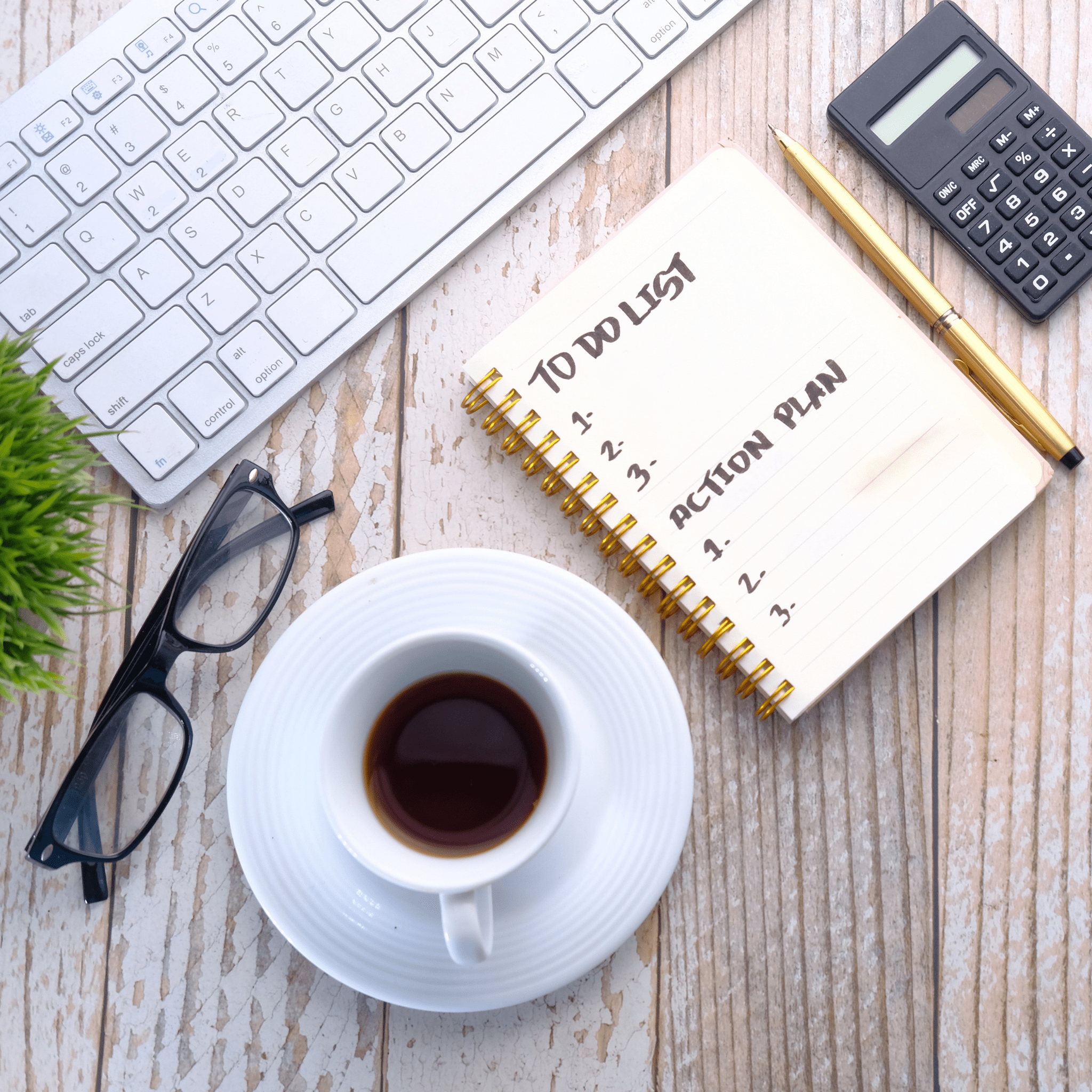 To-Do List, keyboard, glasses, and a cup of coffee