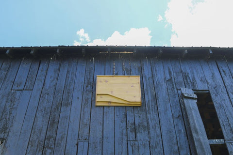 A Mammoth BatBnB design hanging on a barn