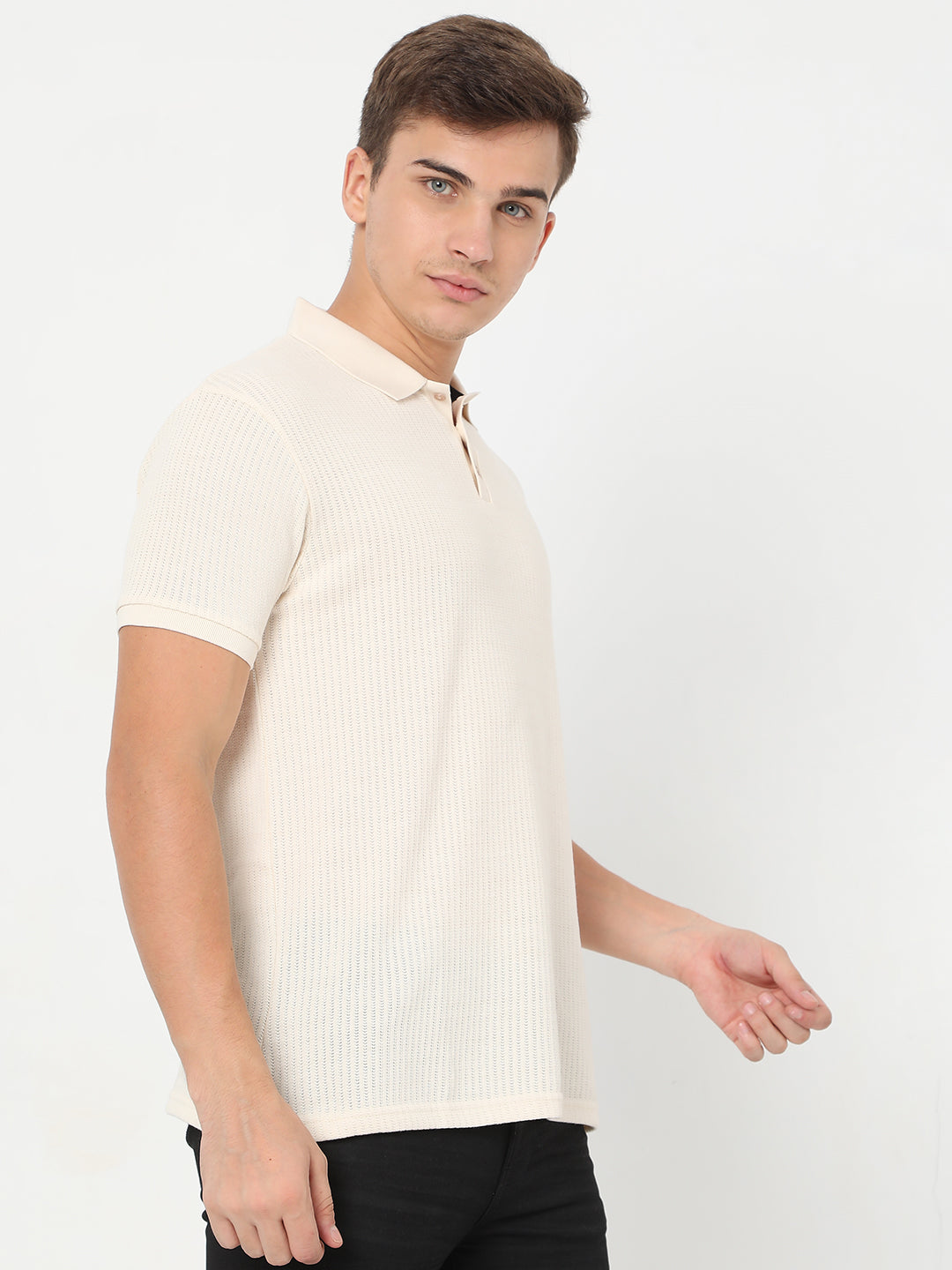 White Textured Knit Polo T-Shirt