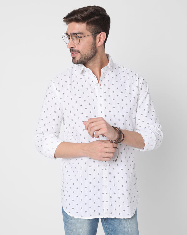 White Casual Dot Printed Cotton Full Sleeve Shirt