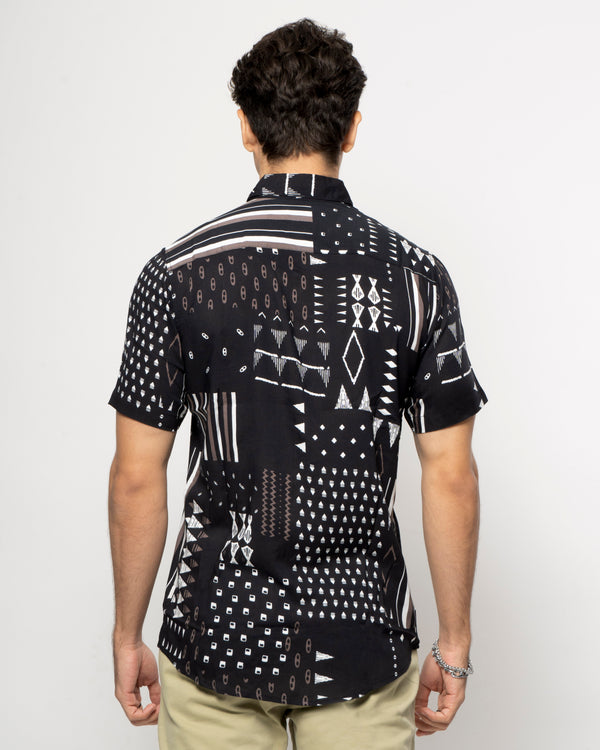 Black & White Tribal Printed Rayon Half Sleeve Shirt