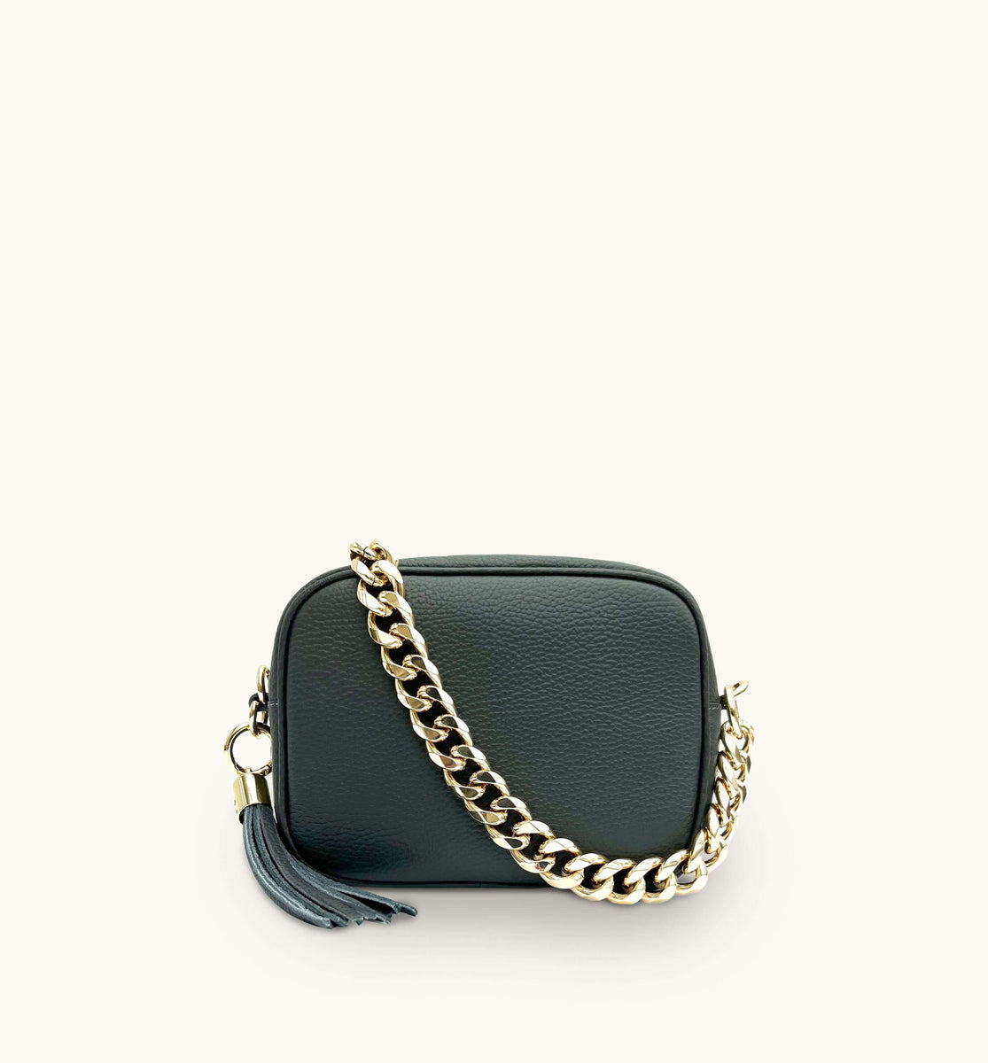 The Tassel Dark Grey Leather Crossbody Bag With Gold Chain Strap