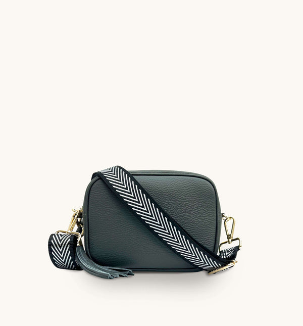 Personalised Leather Crossbody Bag – Black/Silver Chevron