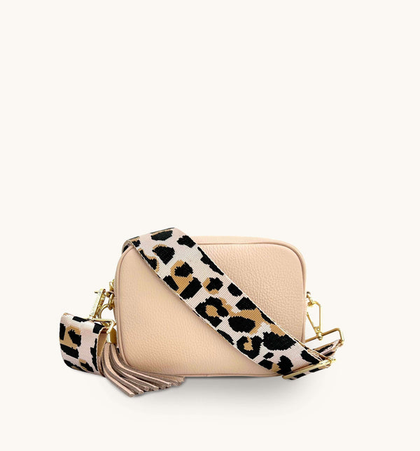 Gold Leather Crossbody Bag With Pale Pink Leopard Strap – Apatchy