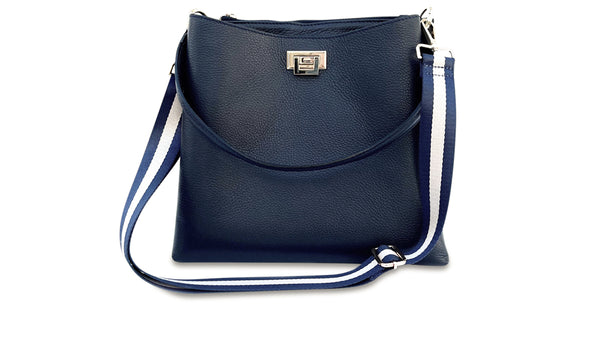 Navy Leather Crossbody Bag With Navy Leopard Strap – Apatchy London