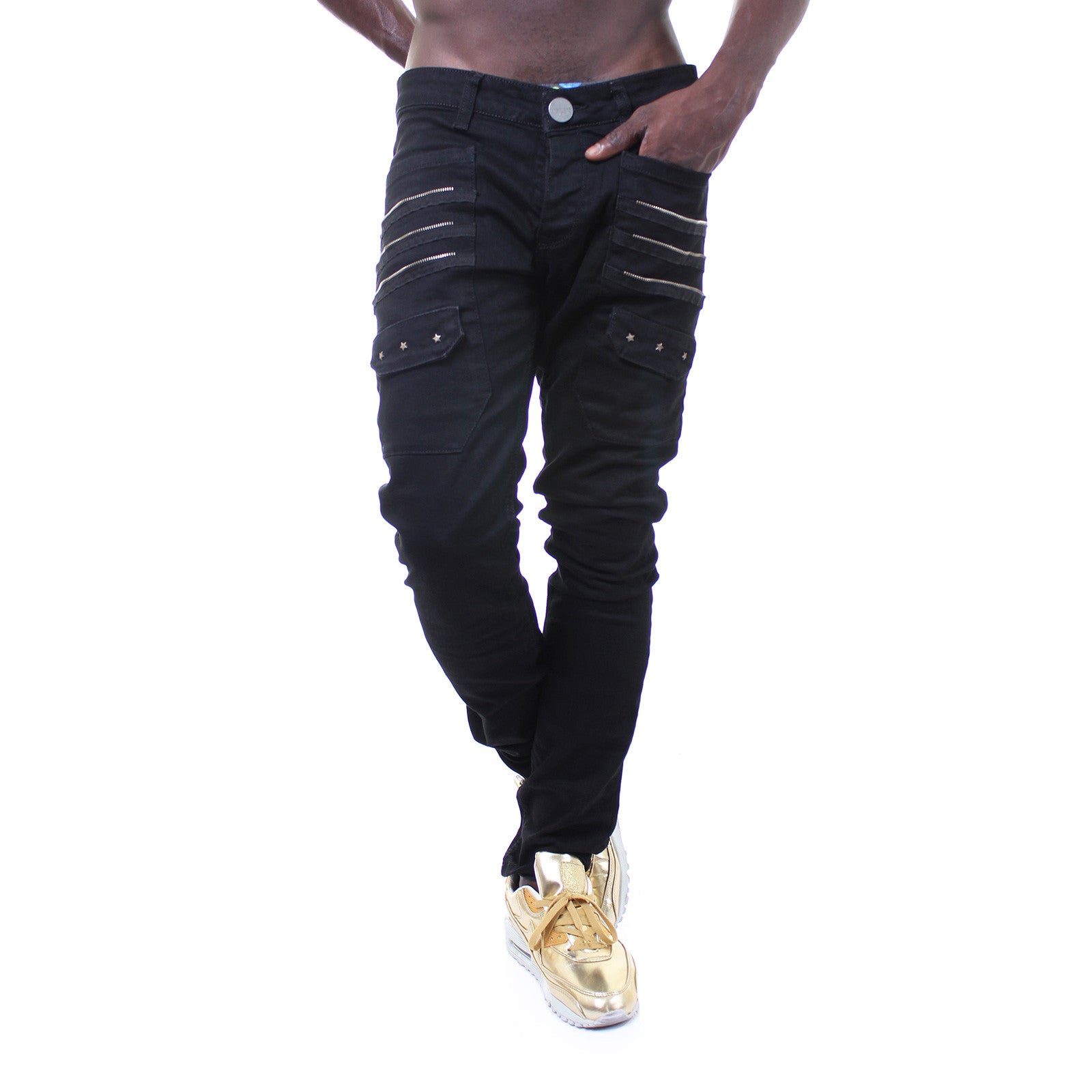 P&V Men Slim Fit 3 Zippers 3 Stars Jeans - Black - FASH STOP