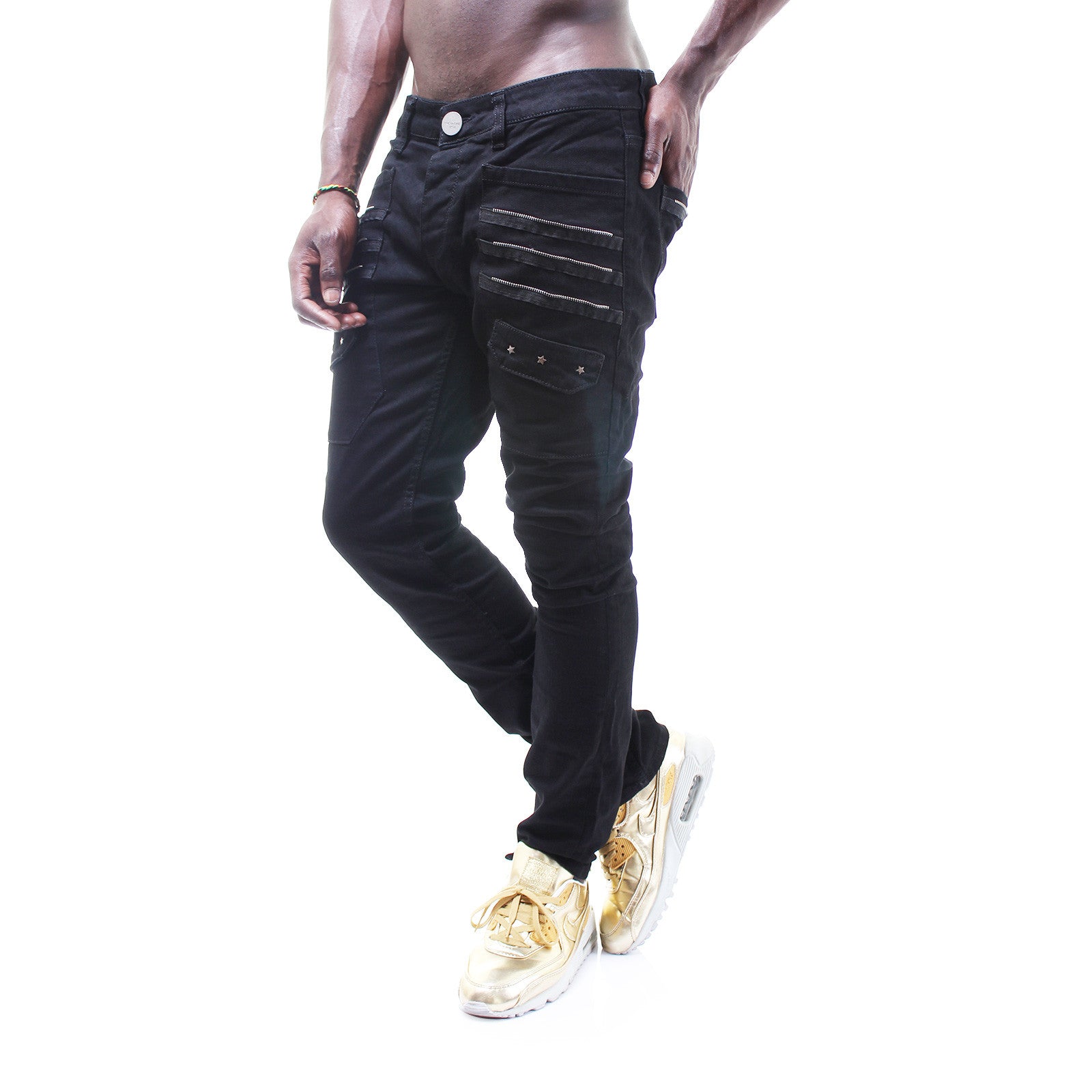 P&V Men Slim Fit 3 Zippers 3 Stars Jeans - Black - FASH STOP
