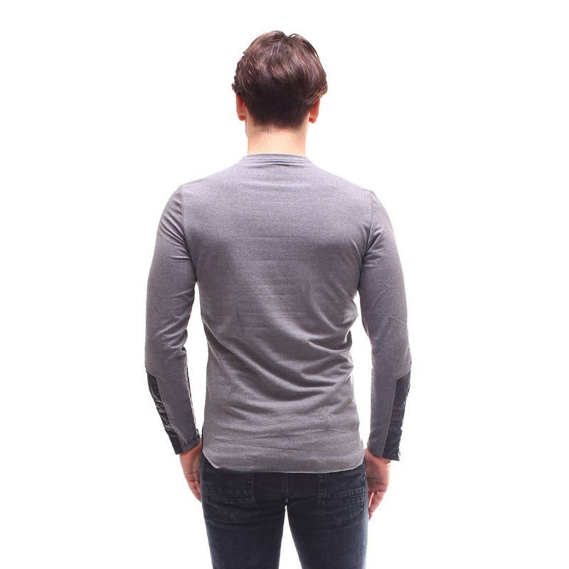 E1 Men Stylish Faux Leather Sweater - Gray - FASH STOP