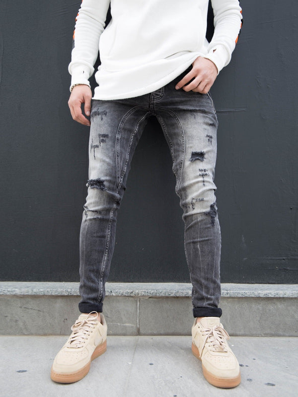 P&V Men Slim Fit Ripped Zipper Pockets Jeans - Washed Black - FASH STOP