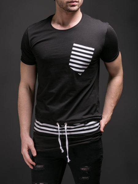 Men Striped Lace T-shirt - Black