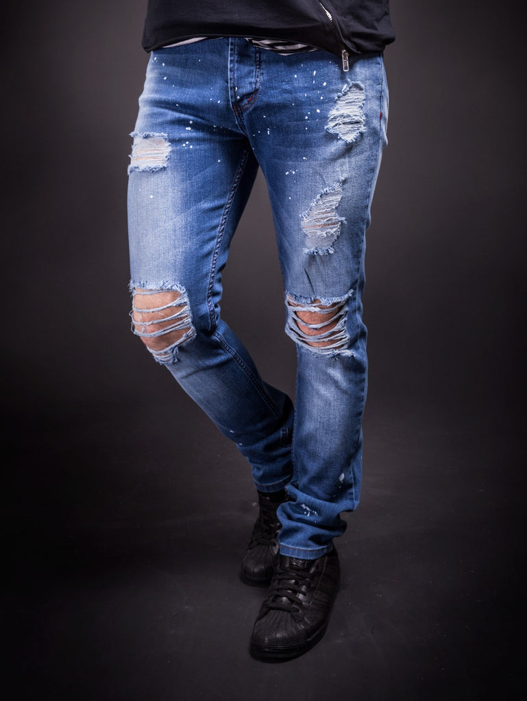 Men Slim Fit Simply Ripped Stains Jeans - Blue