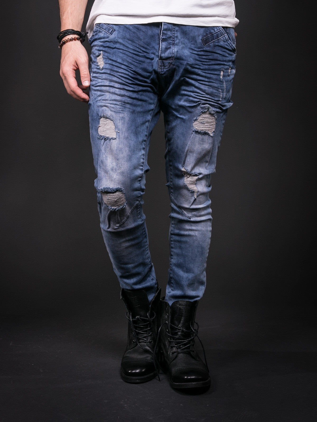 D&H Men Slim Fit Side Zipper Ripped Destroyed Jeans - Blue - FASH STOP