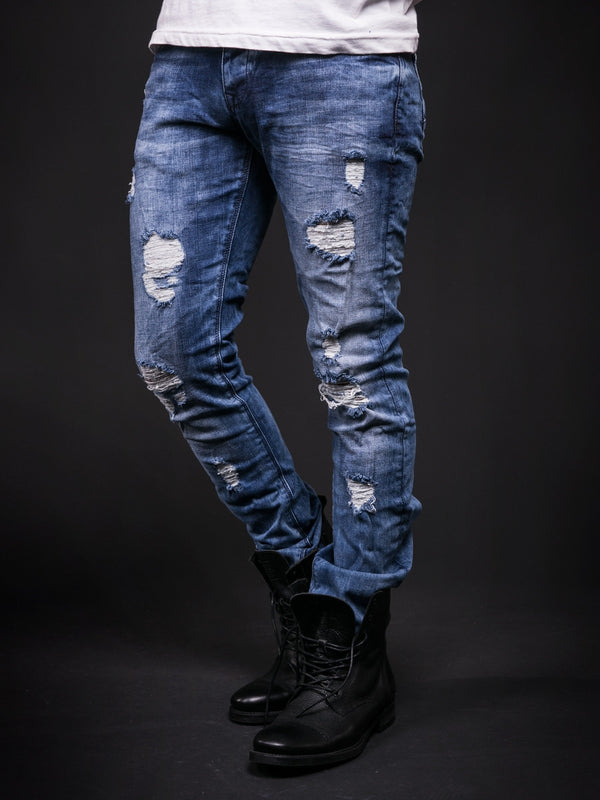 2Y Men Slim Fit Ripped Destroyed Black Star Jeans - Blue - FASH STOP