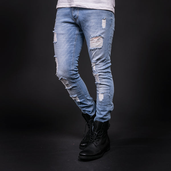 Men Slim Fit Ripped Destroyed Jeans - Light BlueBlue