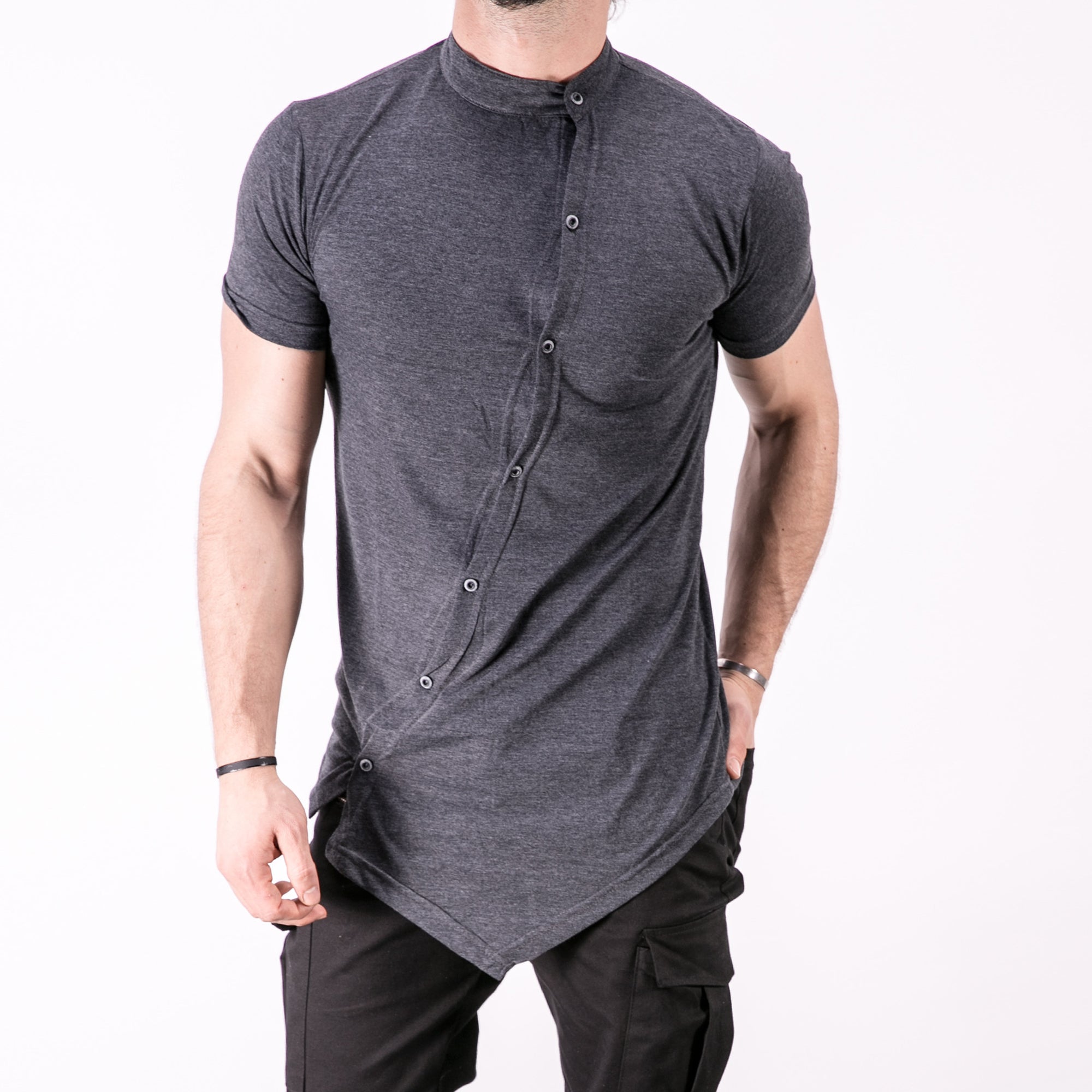 K&B Men Moved Buttons Mock Neck T-shirt - Heather Gray - FASH STOP