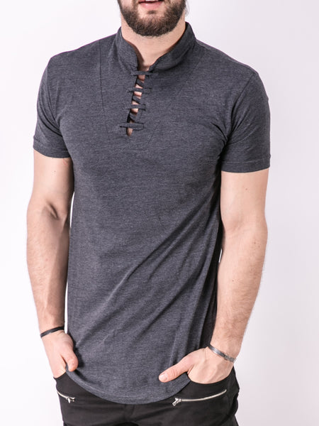 Men Lace Mock Neck T-shirt - Heather Gray