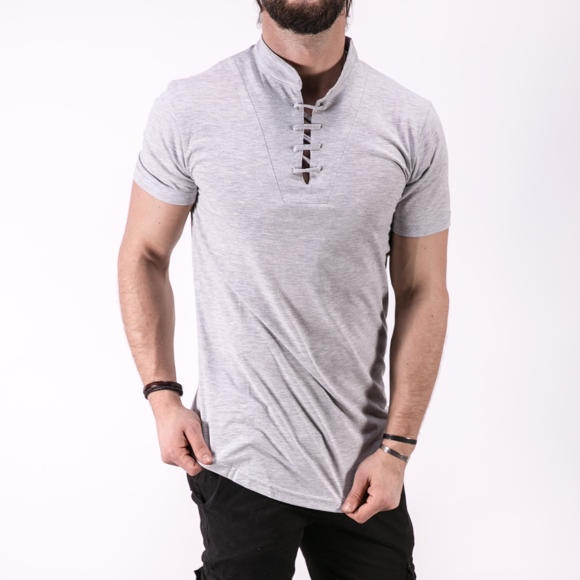 K&B Men Lace Mock Neck T-shirt - Gray - FASH STOP