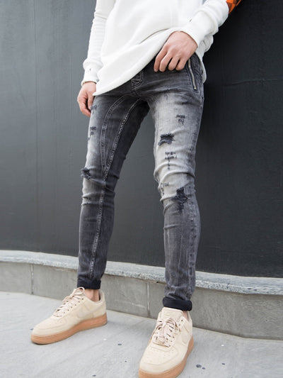 P&V Men Slim Fit Ripped Zipper Pockets Jeans - Washed Black - FASH STOP