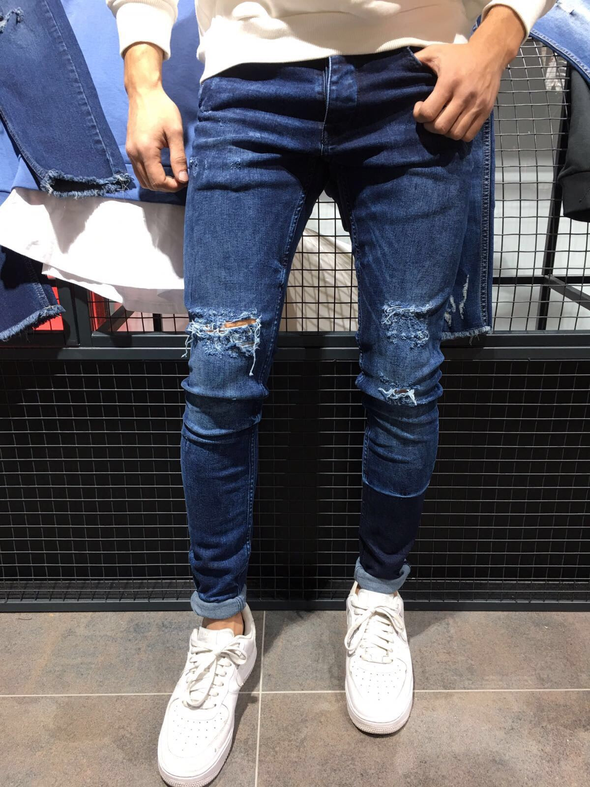 mens blue ripped jeans slim fit