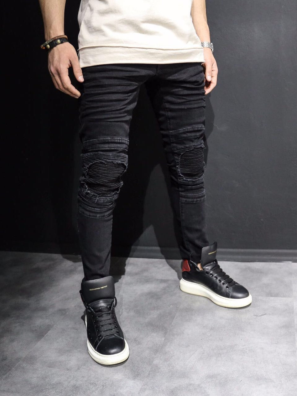 black knee cut skinny jeans mens