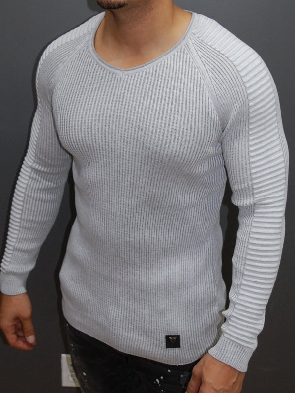 R&R Men Stylish Side Arm Ribbed V Neck Sweater - White - FASH STOP