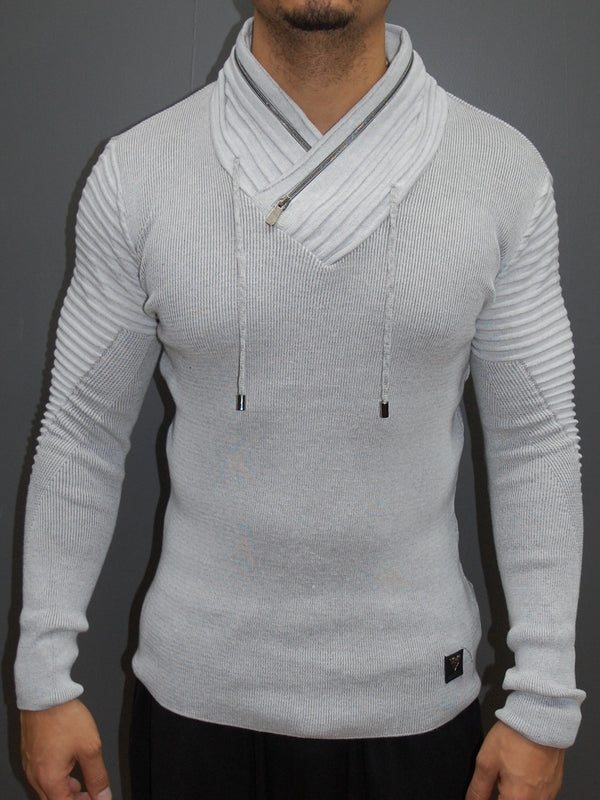 R&R Men Stylish Ribbed Zipper Mock Neck Sweater 2 - White - FASH STOP