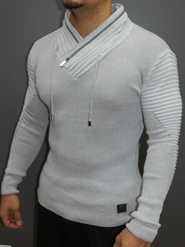 R&R Men Stylish Ribbed Zipper Mock Neck Sweater 2 - White - FASH STOP