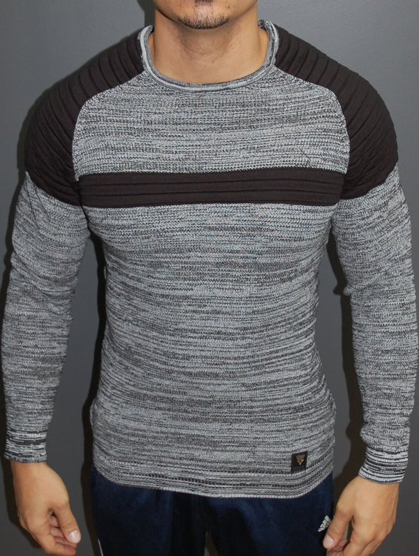 R&R Men Stylish 2 Tone Ribbed Cage Crew Neck Sweater - Gray / Black ...