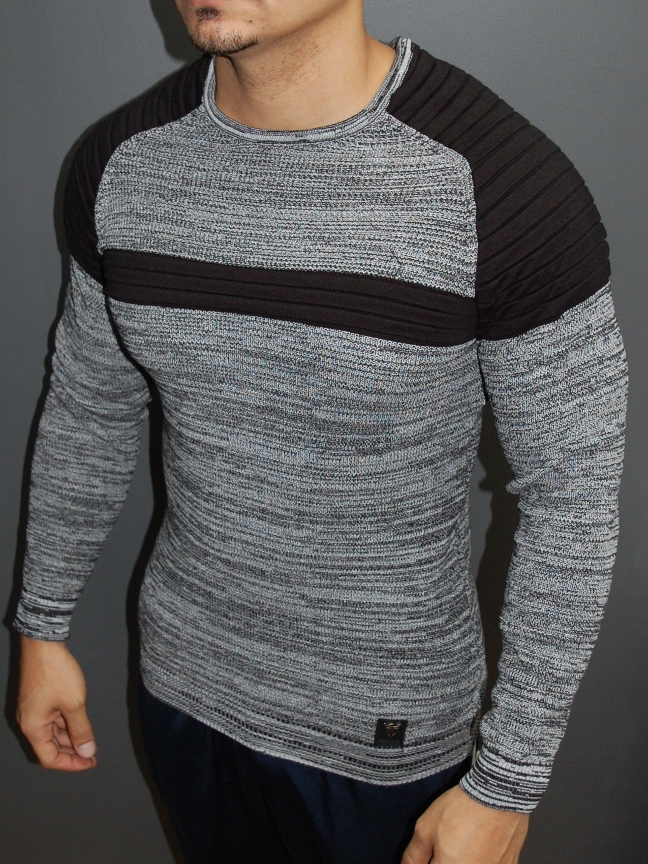 R&R Men Stylish 2 Tone Ribbed Cage Crew Neck Sweater - Gray / Black ...