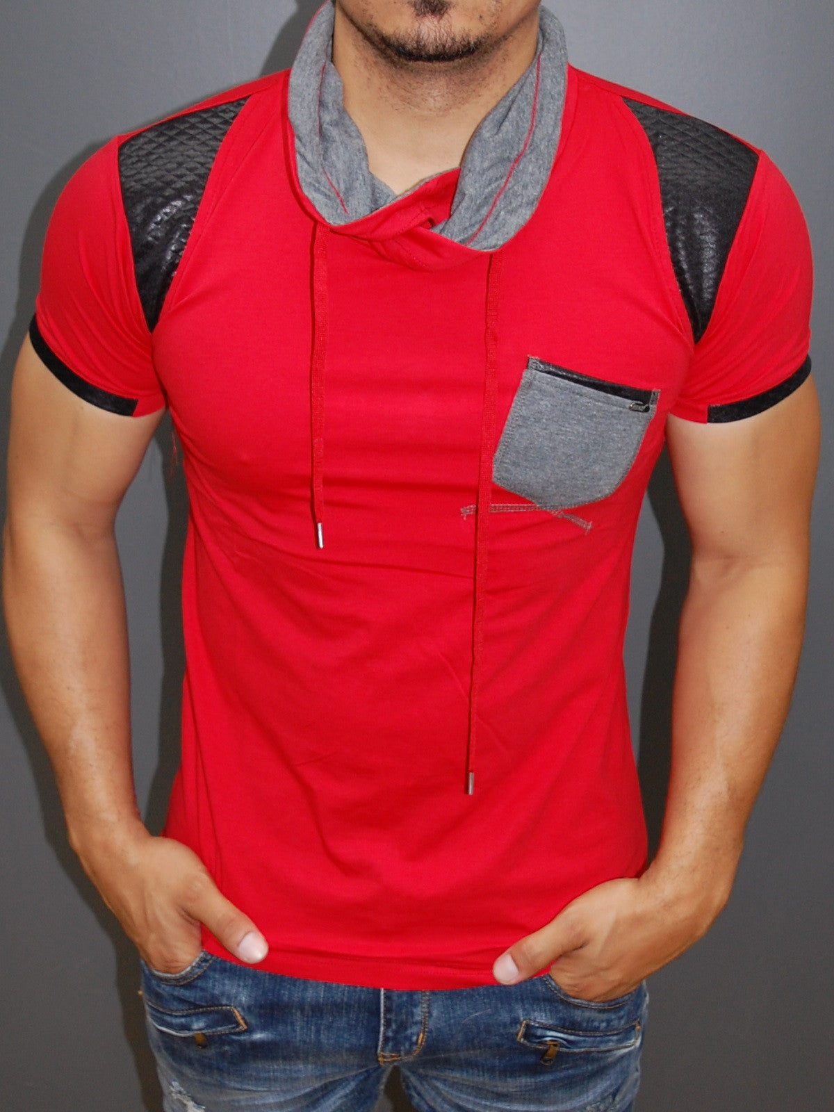 Download R&R Men Pat Mock Neck Pocket T-Shirt - Red - FASH STOP