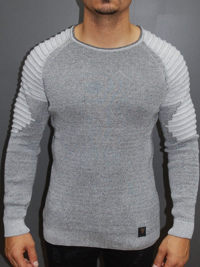 R&R Men Stylish 2 Tone Ribbed Arm Crew Neck Sweater - Gray - FASH STOP