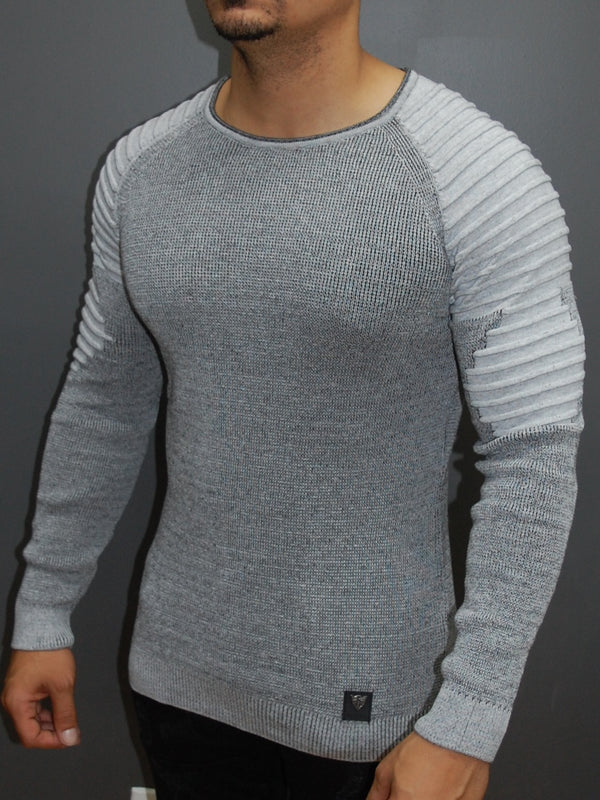 R&R Men Stylish 2 Tone Ribbed Arm Crew Neck Sweater - Gray - FASH STOP