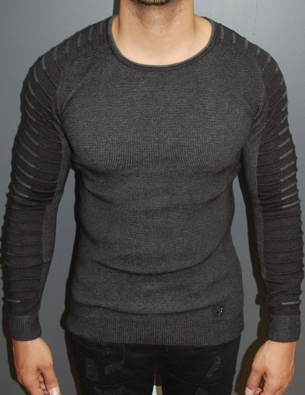 R&R Men Stylish Side Arm Ribbed Crew Neck Sweater - Dark Gray - FASH STOP