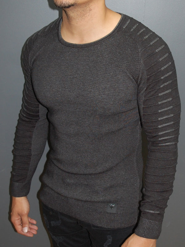 R&R Men Stylish Side Arm Ribbed Crew Neck Sweater - Dark Gray - FASH STOP