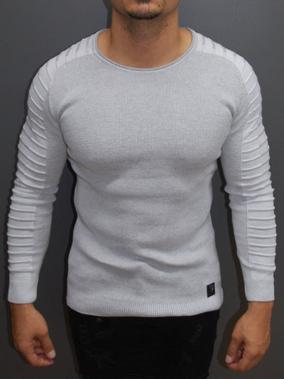 R&R Men Stylish Side Arm Ribbed Crew Neck Sweater - White - FASH STOP