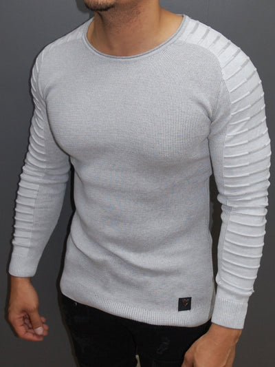 R&R Men Stylish Side Arm Ribbed Crew Neck Sweater - White - FASH STOP