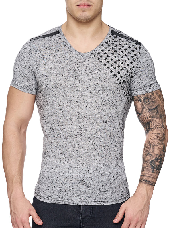 K&D Men Corner Stars Faux Leather Band V-Neck T-shirt - Gray - FASH STOP