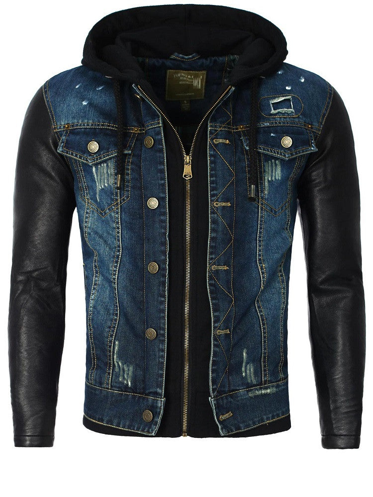 Men Stylish Distressed Denim Hoodie Jacket Faux Leather Sleeves - Blue